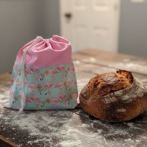 Pink Flamingo Bread Bag, Two Fabric Cotton Reusable Sourdough Storage